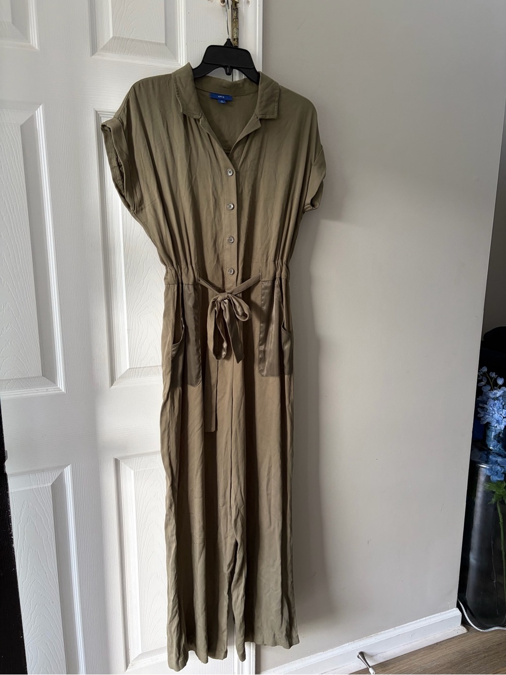 Apt. 9 Olive Button-Front Jumpsuit with Tie Waist